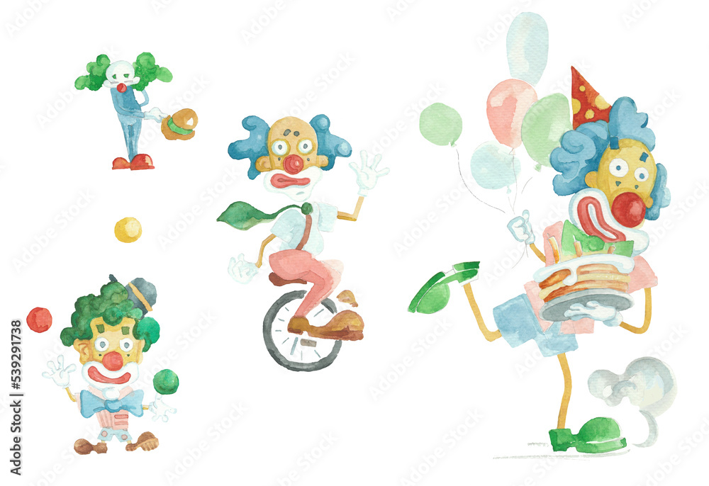 Set of funny watercolor clowns. Series of illustrated circus performers ...