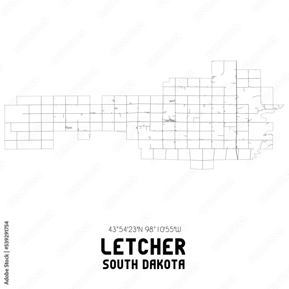 Letcher South Dakota. US street map with black and white lines.