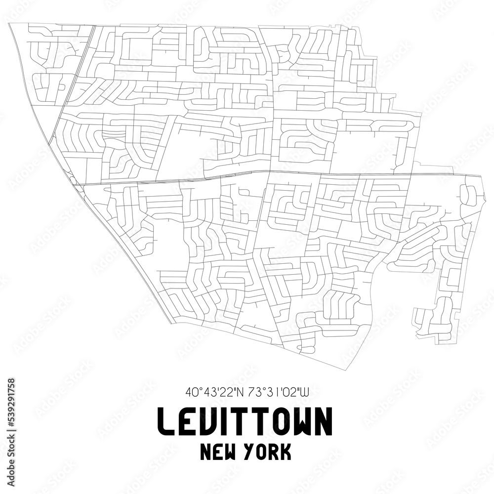 Levittown New York. US street map with black and white lines.