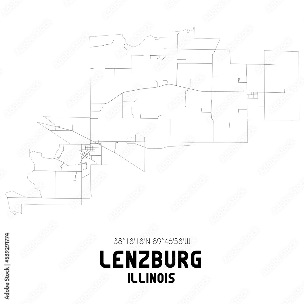Lenzburg Illinois. US street map with black and white lines.