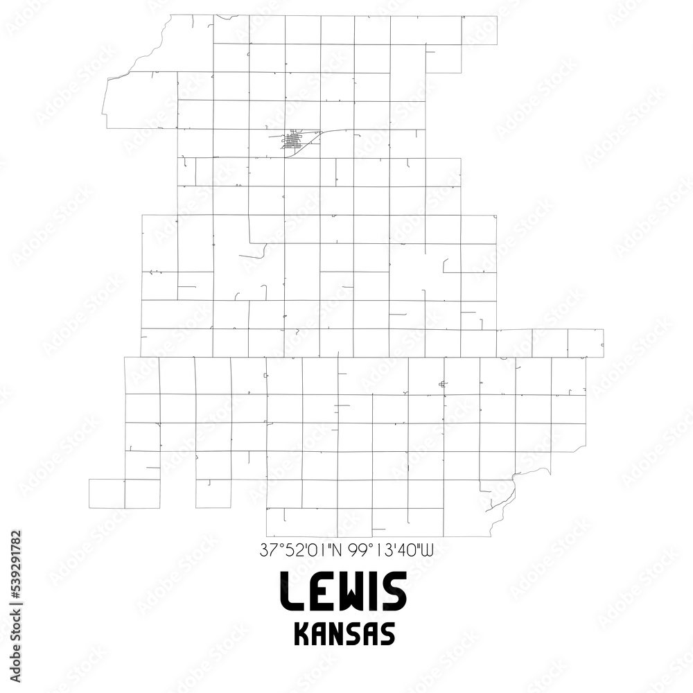 Lewis Kansas. US street map with black and white lines.