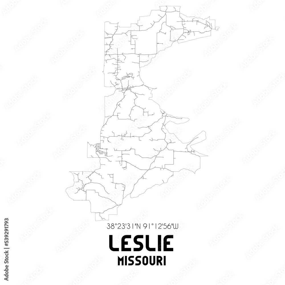 Leslie Missouri. US street map with black and white lines.