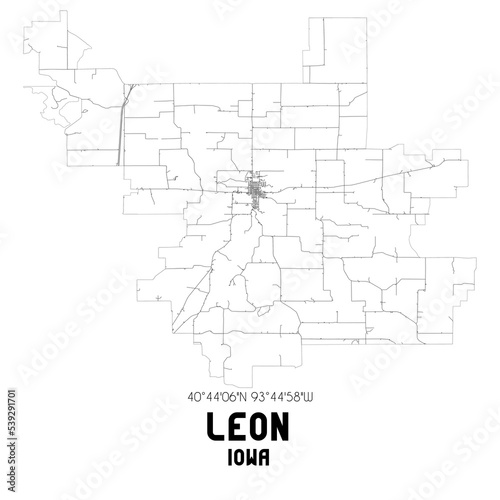 Leon Iowa. US street map with black and white lines.