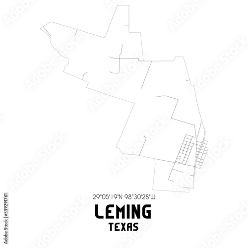 Leming Texas. US street map with black and white lines.