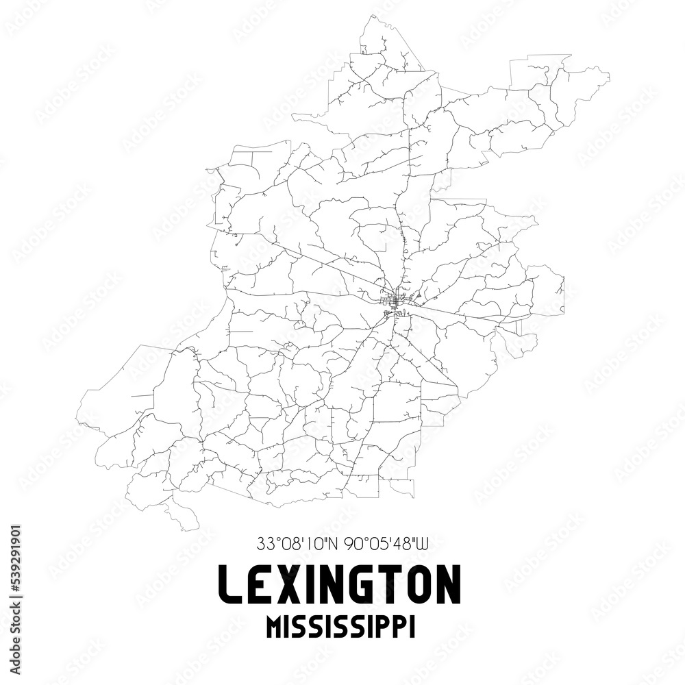 Lexington Mississippi. US street map with black and white lines.