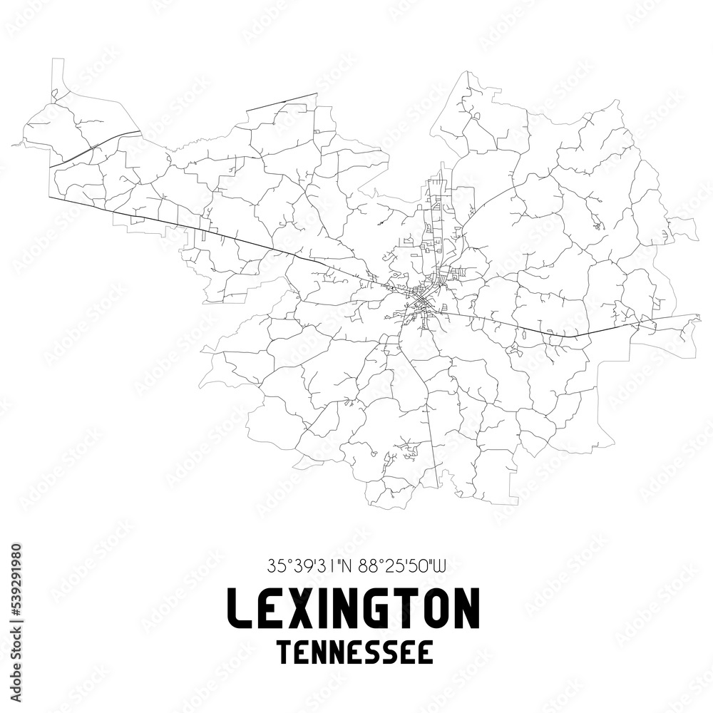 Lexington Tennessee. US street map with black and white lines.