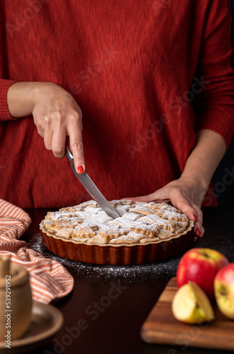 Food photography of apple pie, pastry, dessert, powder, sugar, hand, woman, towel, knife
