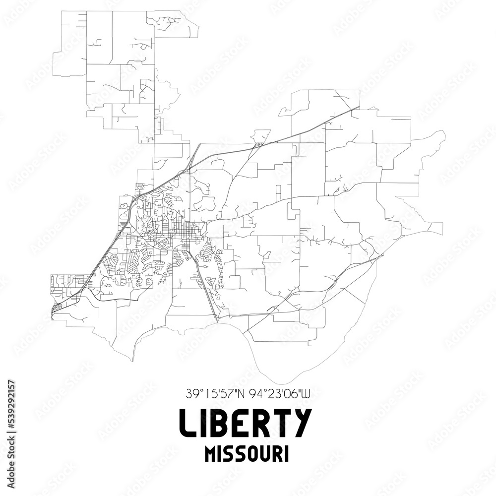 Liberty Missouri. US street map with black and white lines.