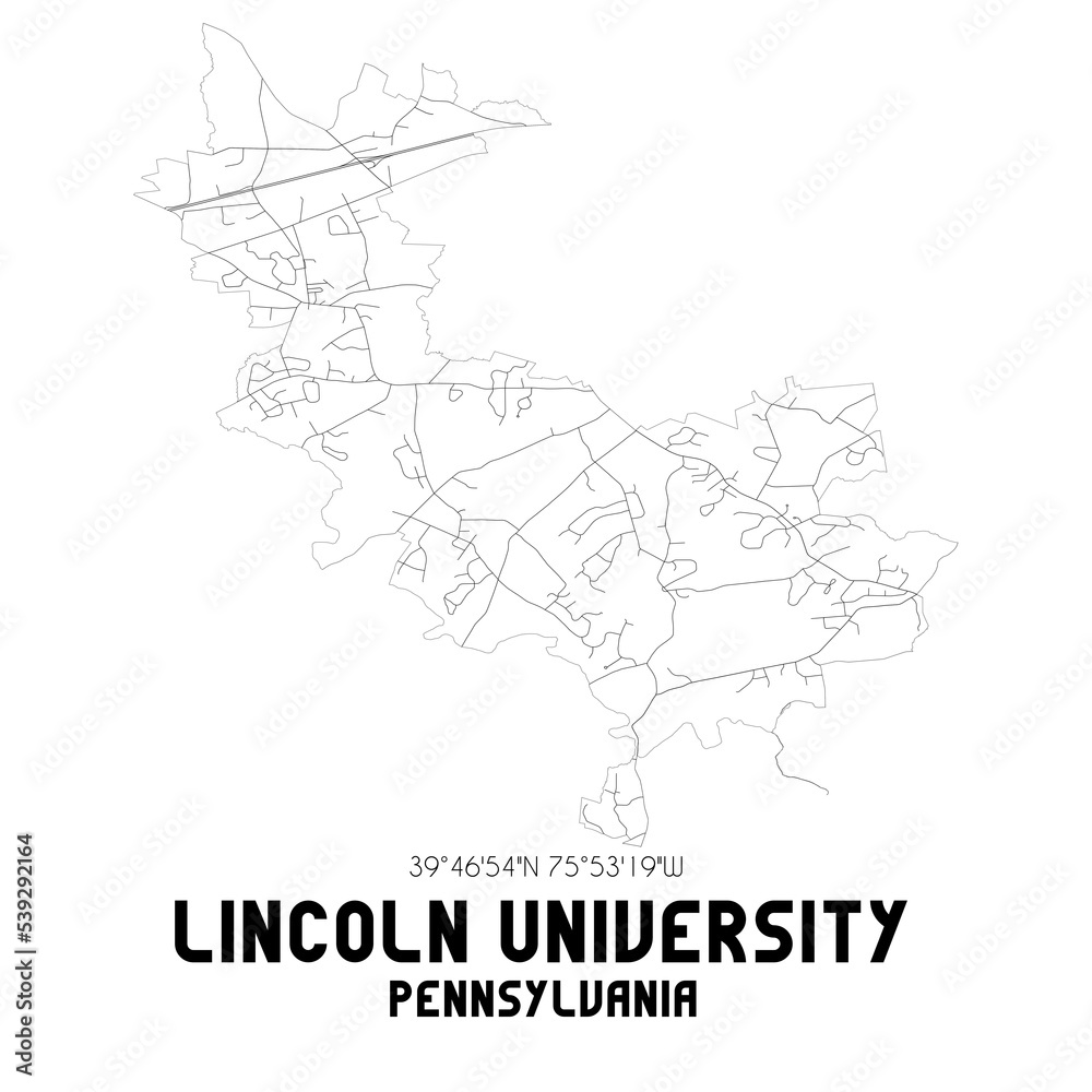 Lincoln University Pennsylvania. US street map with black and white lines.