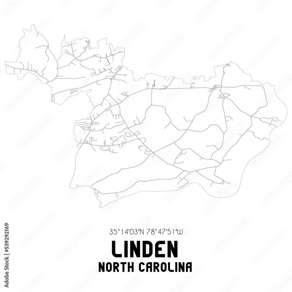 Linden North Carolina. US street map with black and white lines.