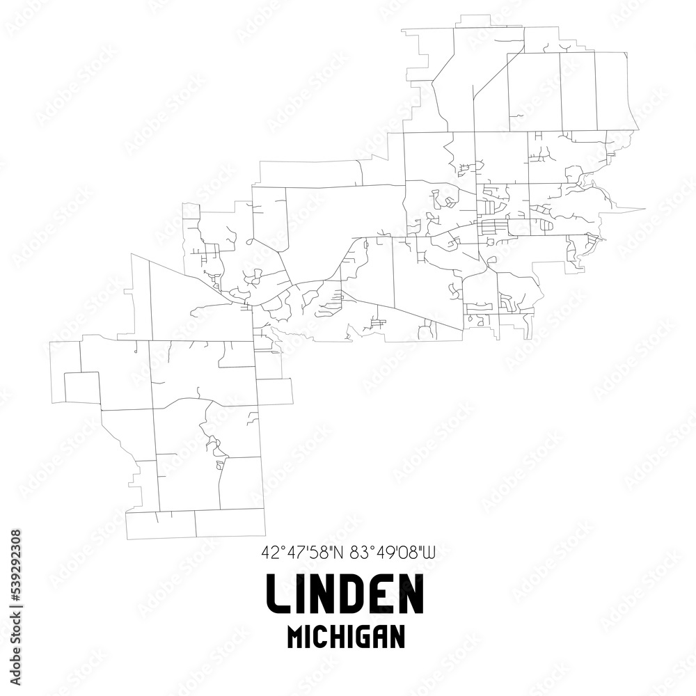 Linden Michigan. US street map with black and white lines.