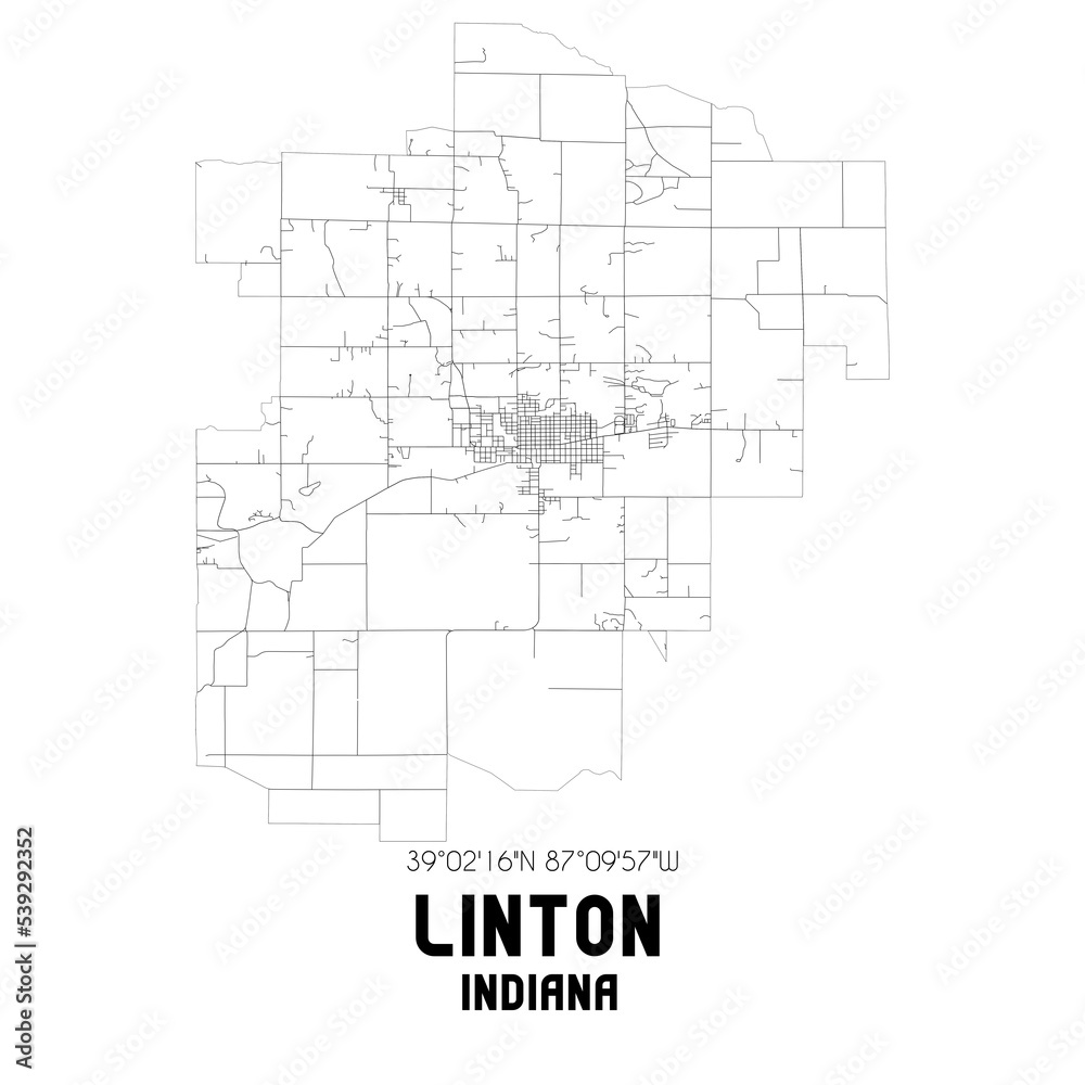 Linton Indiana. US street map with black and white lines.