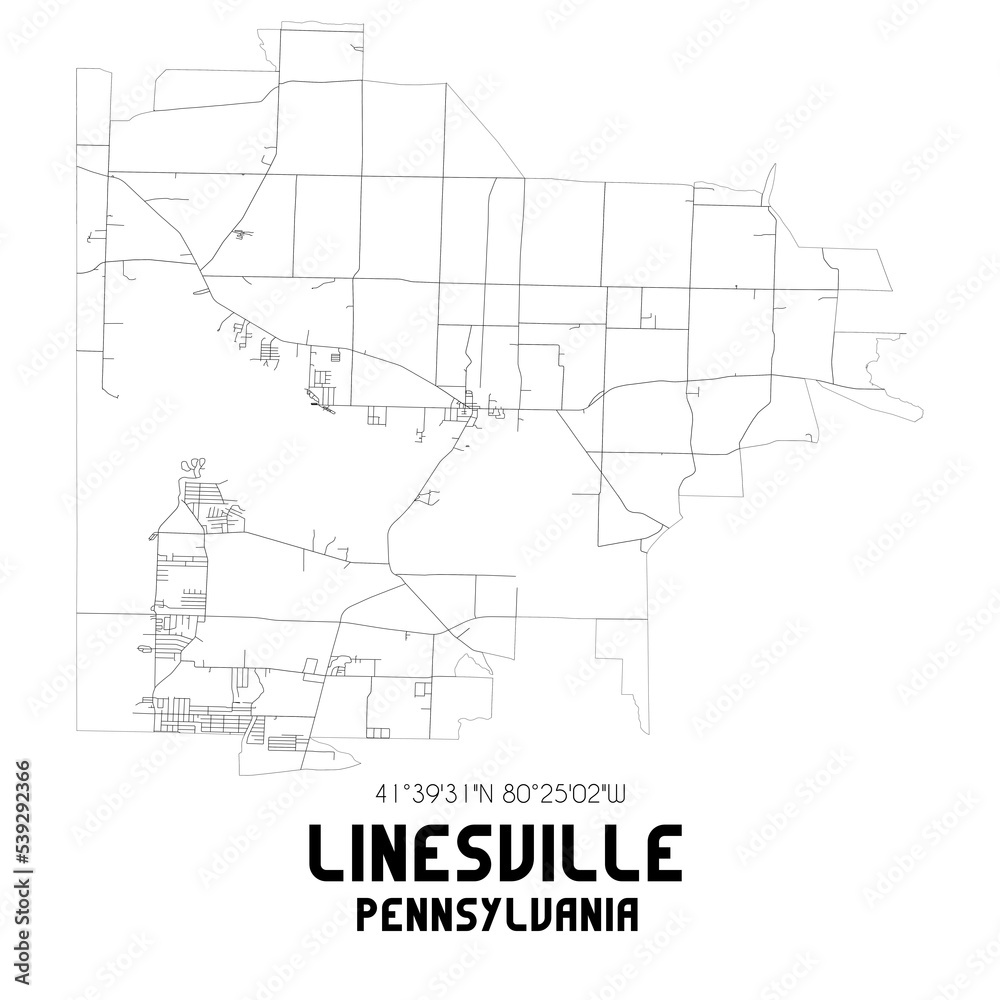 Linesville Pennsylvania. US street map with black and white lines.