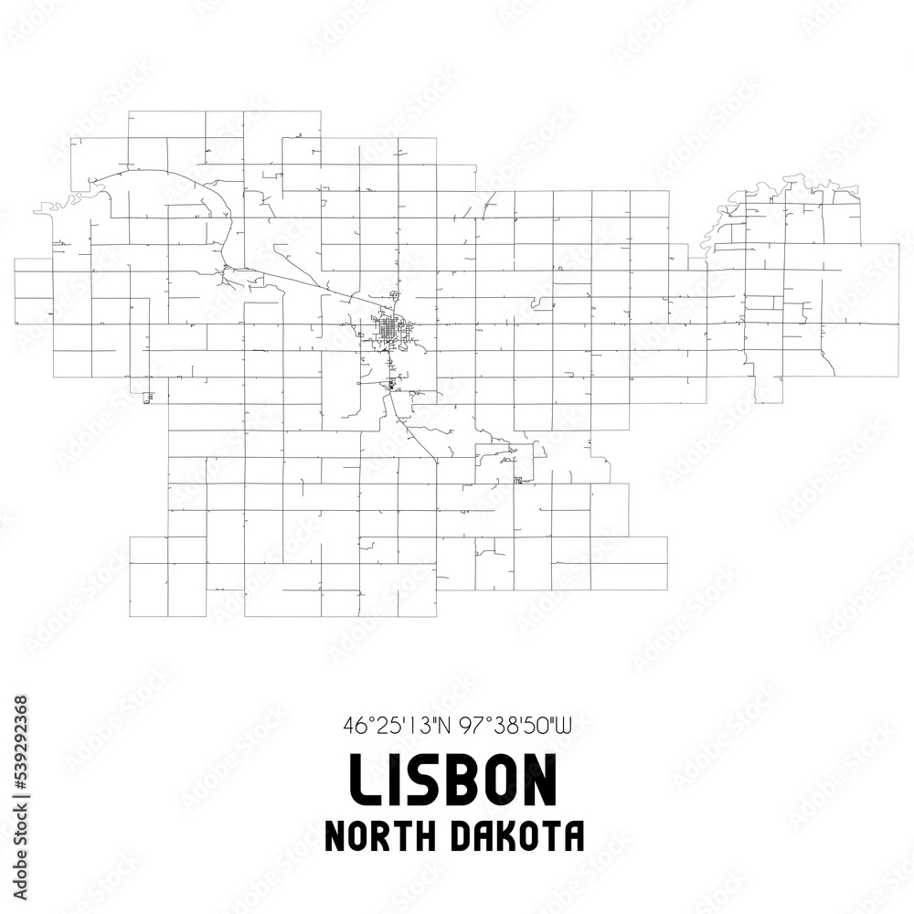 Lisbon North Dakota. US street map with black and white lines.
