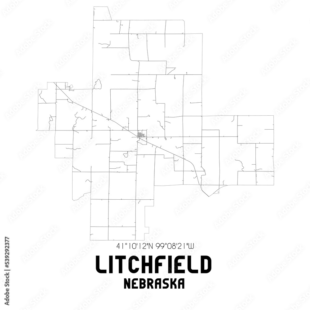 Litchfield Nebraska. US street map with black and white lines.