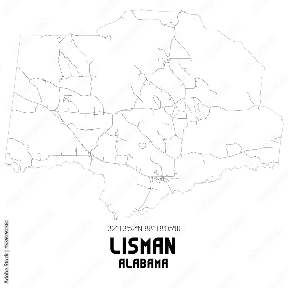 Lisman Alabama. US street map with black and white lines.