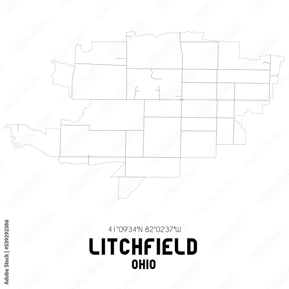 Litchfield Ohio. US street map with black and white lines.