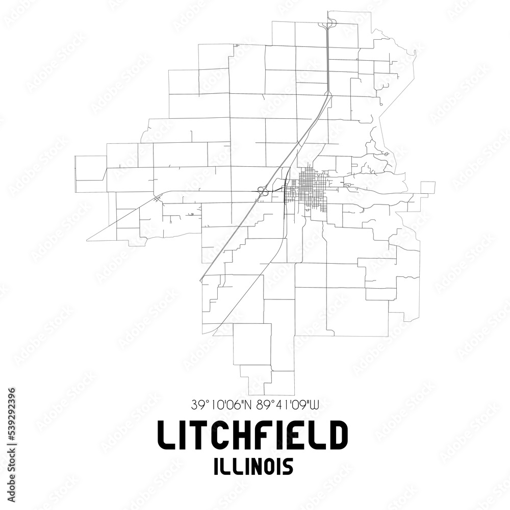 Litchfield Illinois. US street map with black and white lines.
