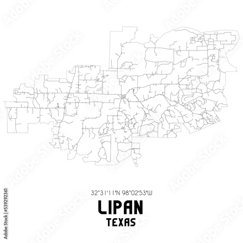 Lipan Texas. US street map with black and white lines.