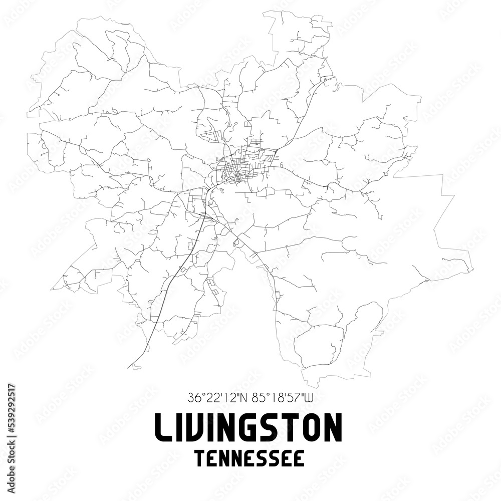 Livingston Tennessee. US street map with black and white lines. Livingston Tennessee. US street map with black and white lines.