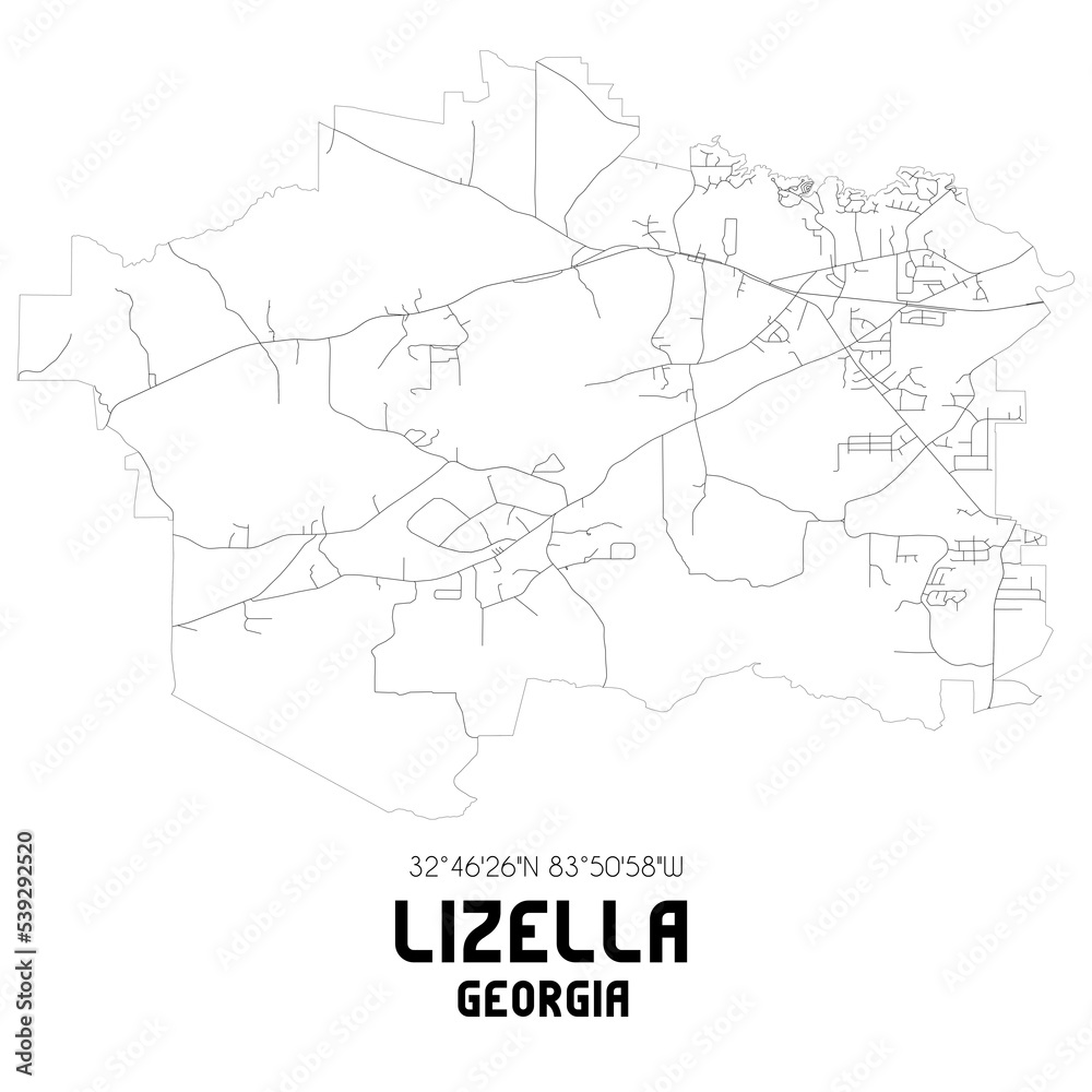 Lizella Georgia. US street map with black and white lines.