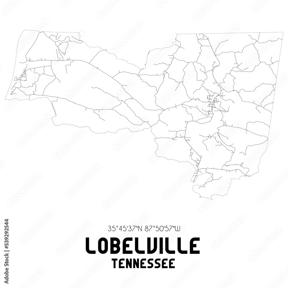Lobelville Tennessee. US street map with black and white lines.
