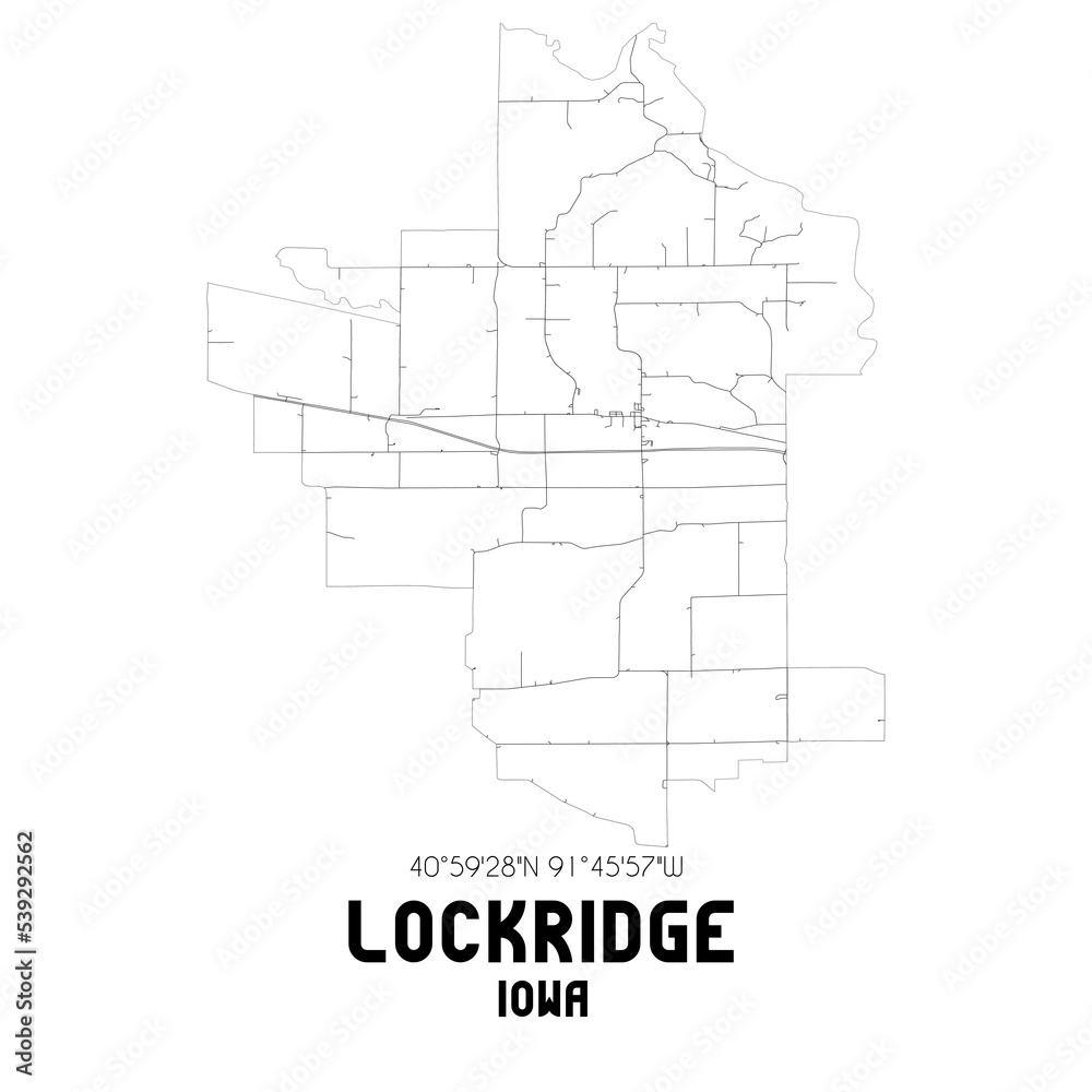 Lockridge Iowa. US street map with black and white lines.