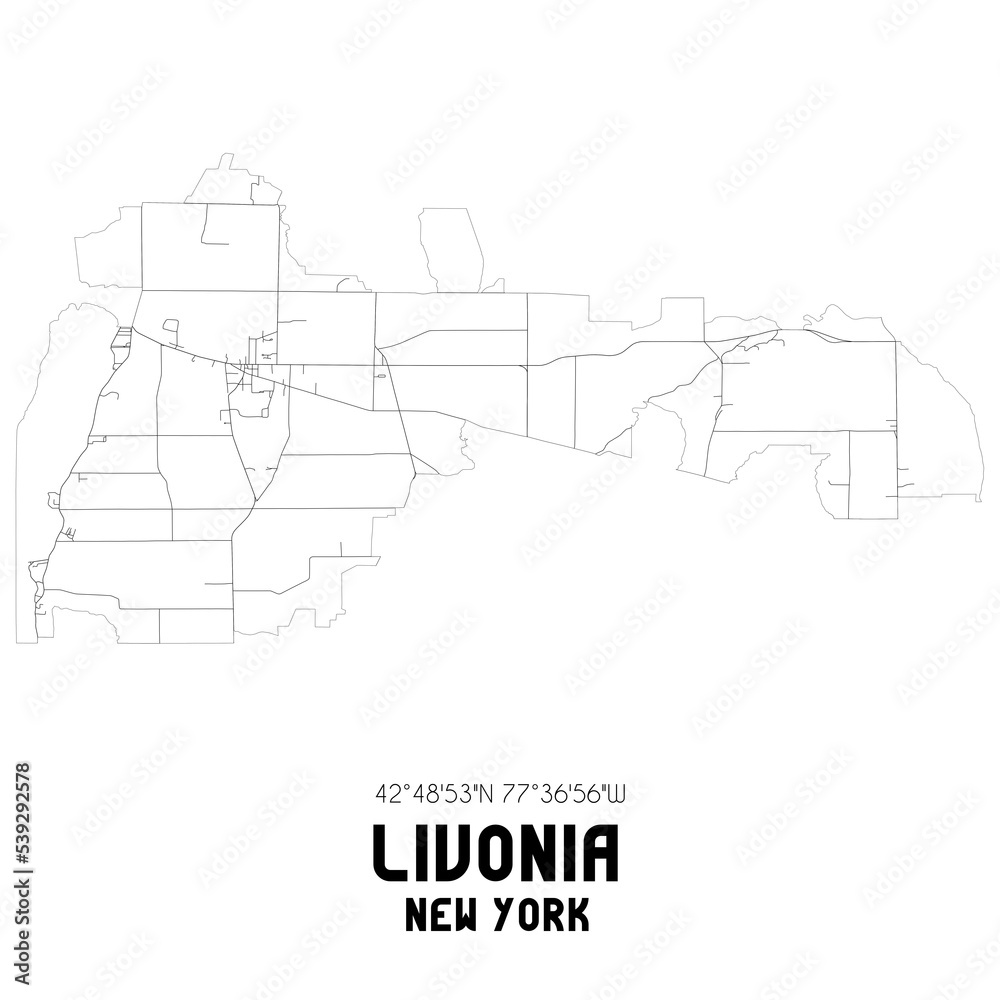 Livonia New York. US street map with black and white lines.