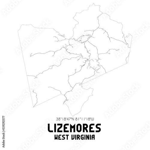 Lizemores West Virginia. US street map with black and white lines.