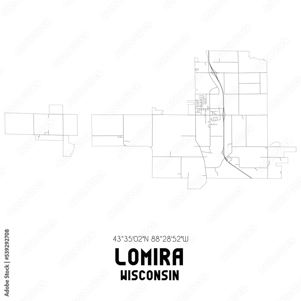 Lomira Wisconsin. US street map with black and white lines.