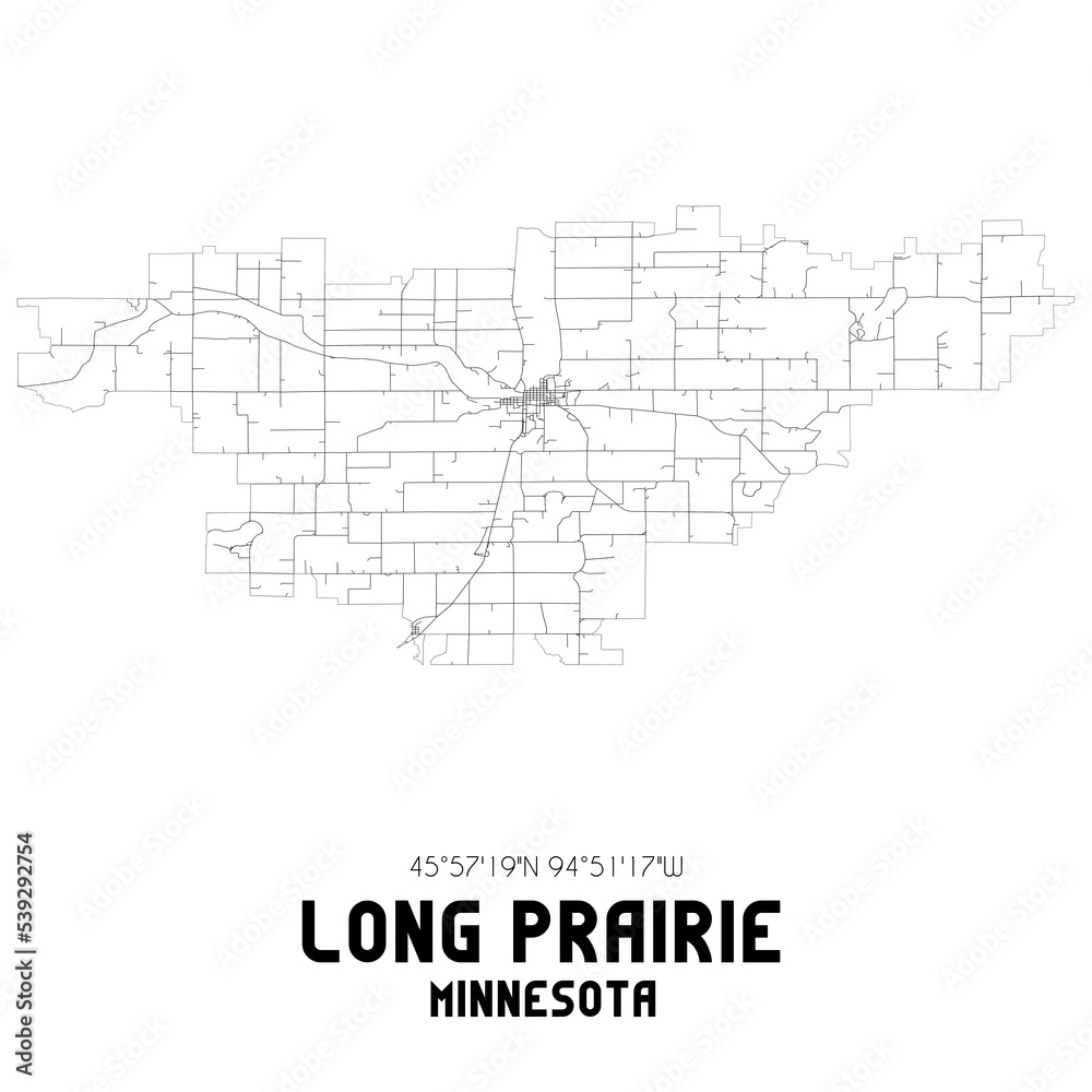 Long Prairie Minnesota. US street map with black and white lines.