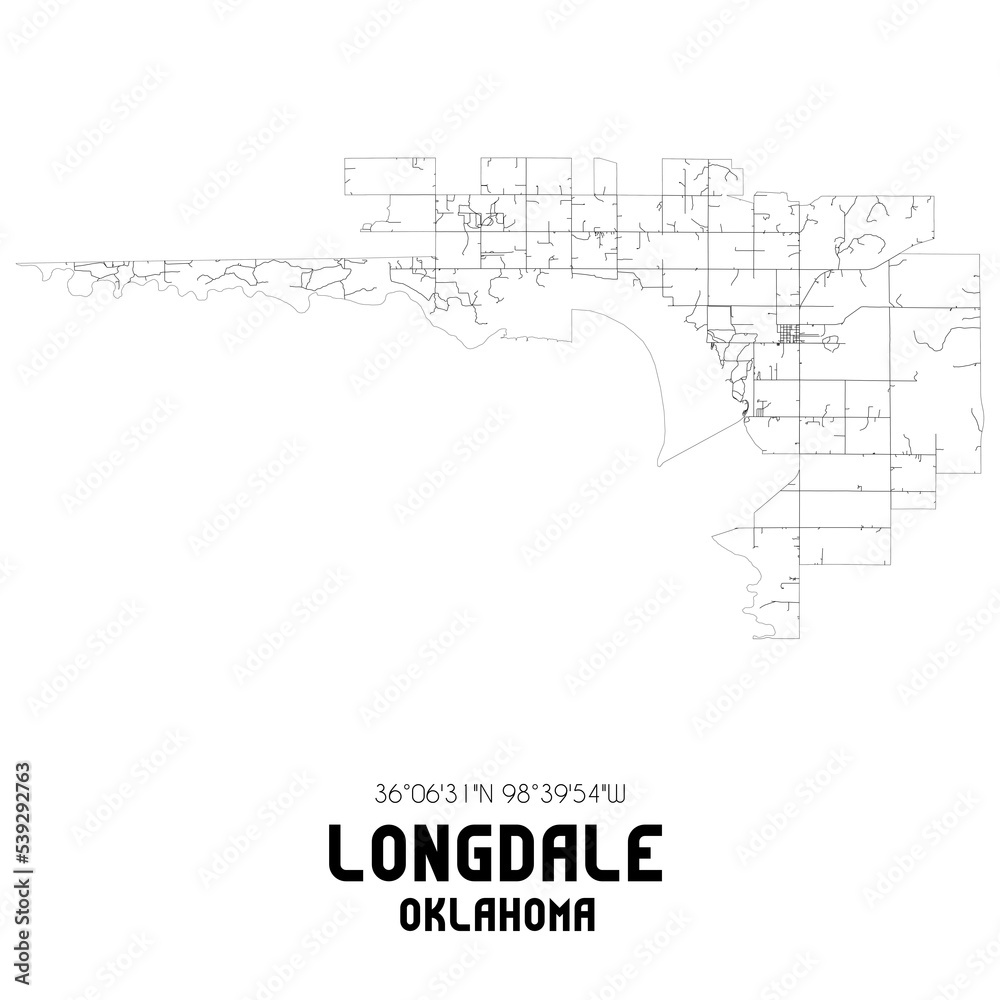 Longdale Oklahoma. US street map with black and white lines.