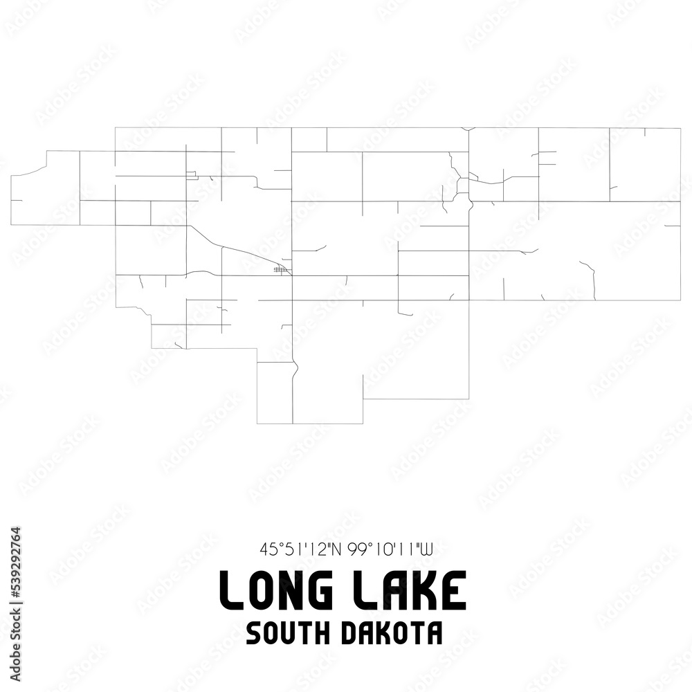 Long Lake South Dakota. US street map with black and white lines.