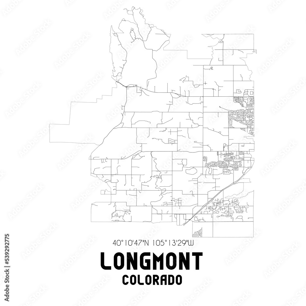 Longmont Colorado. US street map with black and white lines.