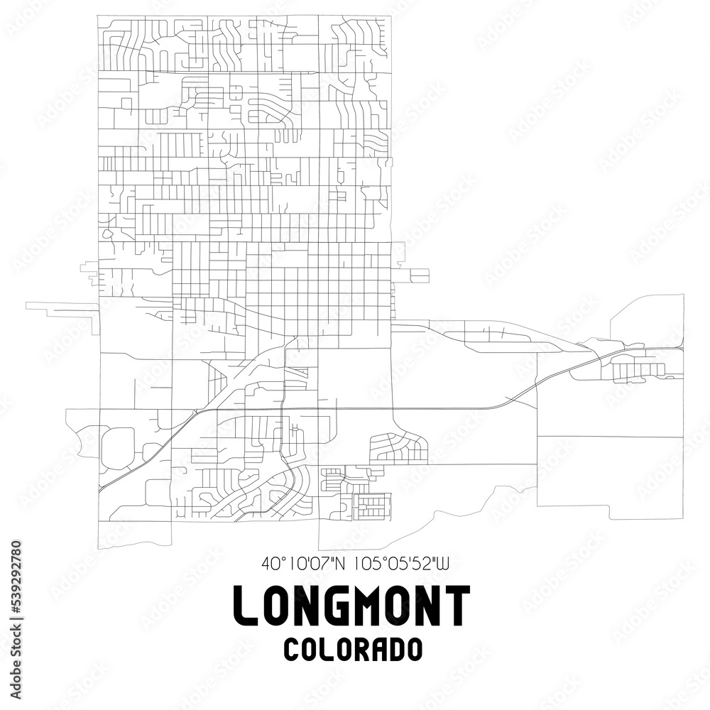 Longmont Colorado. US street map with black and white lines.