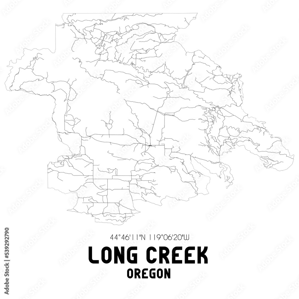 Long Creek Oregon. US street map with black and white lines.