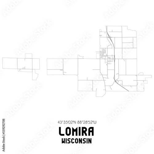 Lomira Wisconsin. US street map with black and white lines.