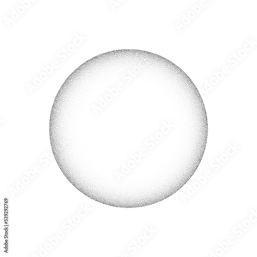 Grain circle gradient. Stippled round shape. Radial stochastic dotwork texture. Random grunge noise background. Black dots sphere. Halftone vector 