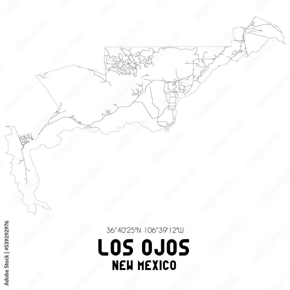 Los Ojos New Mexico. US street map with black and white lines.