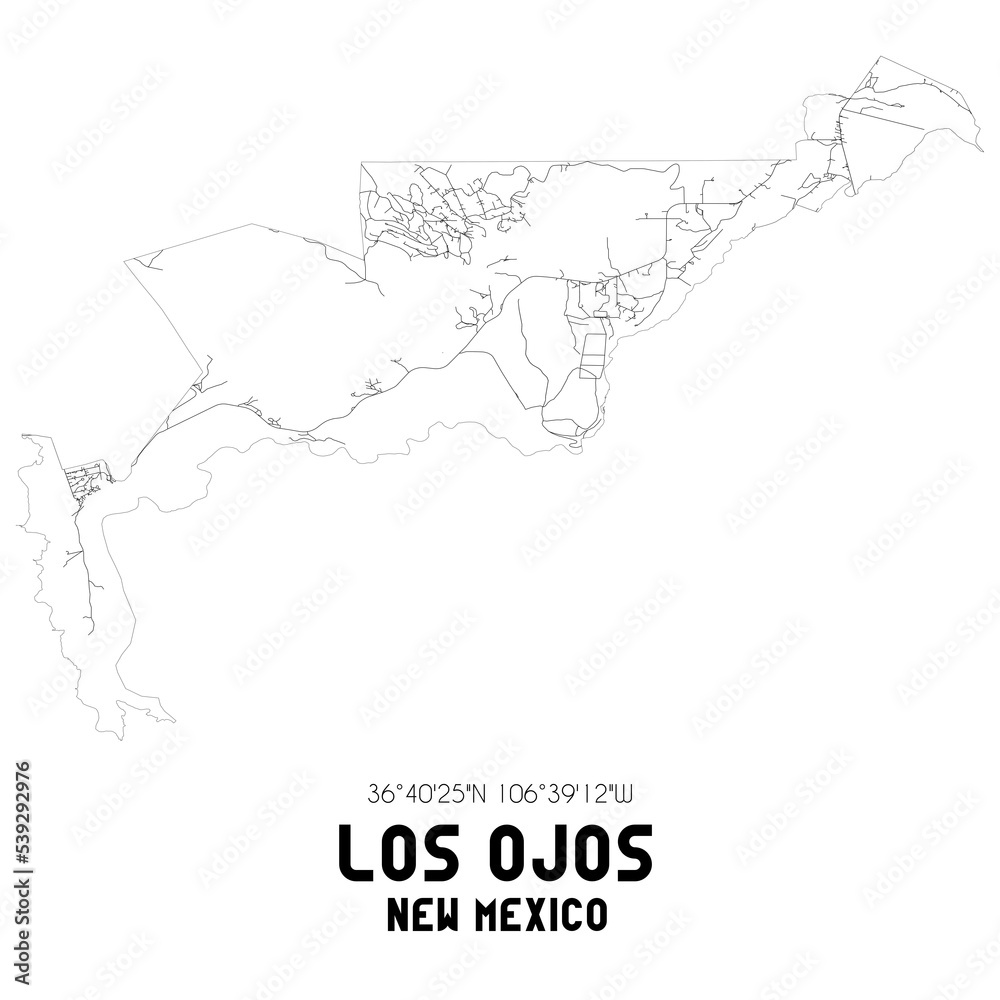 Los Ojos New Mexico. US street map with black and white lines. Stock