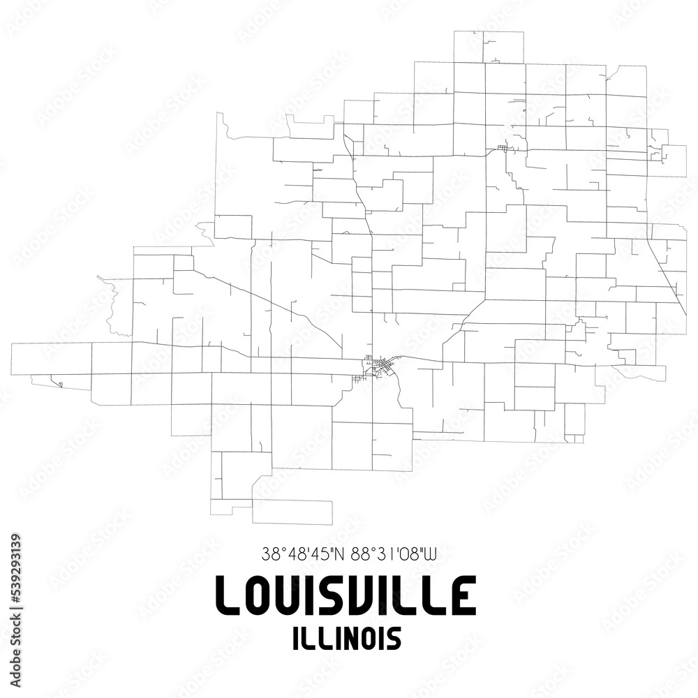 Louisville Illinois. US street map with black and white lines.