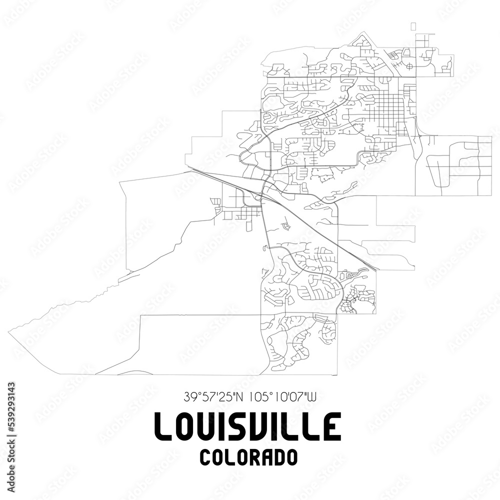 Louisville Colorado. US street map with black and white lines.