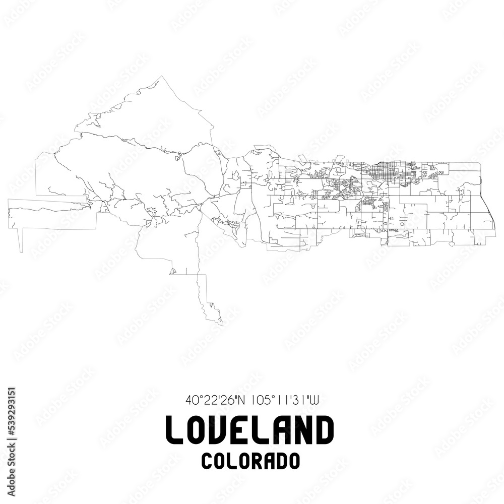 Loveland Colorado. US street map with black and white lines.