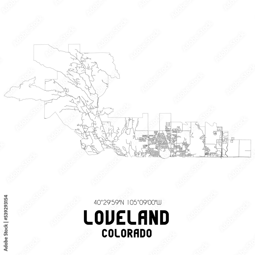 Loveland Colorado. US street map with black and white lines.