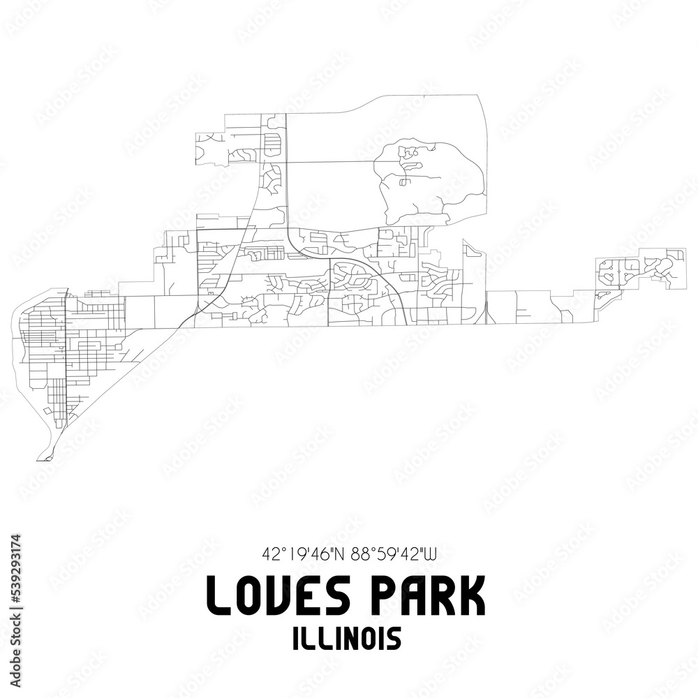 Loves Park Illinois. US street map with black and white lines.
