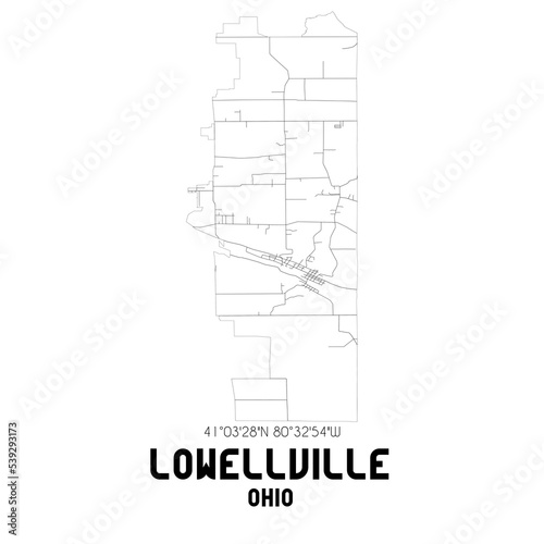 Lowellville Ohio. US street map with black and white lines.