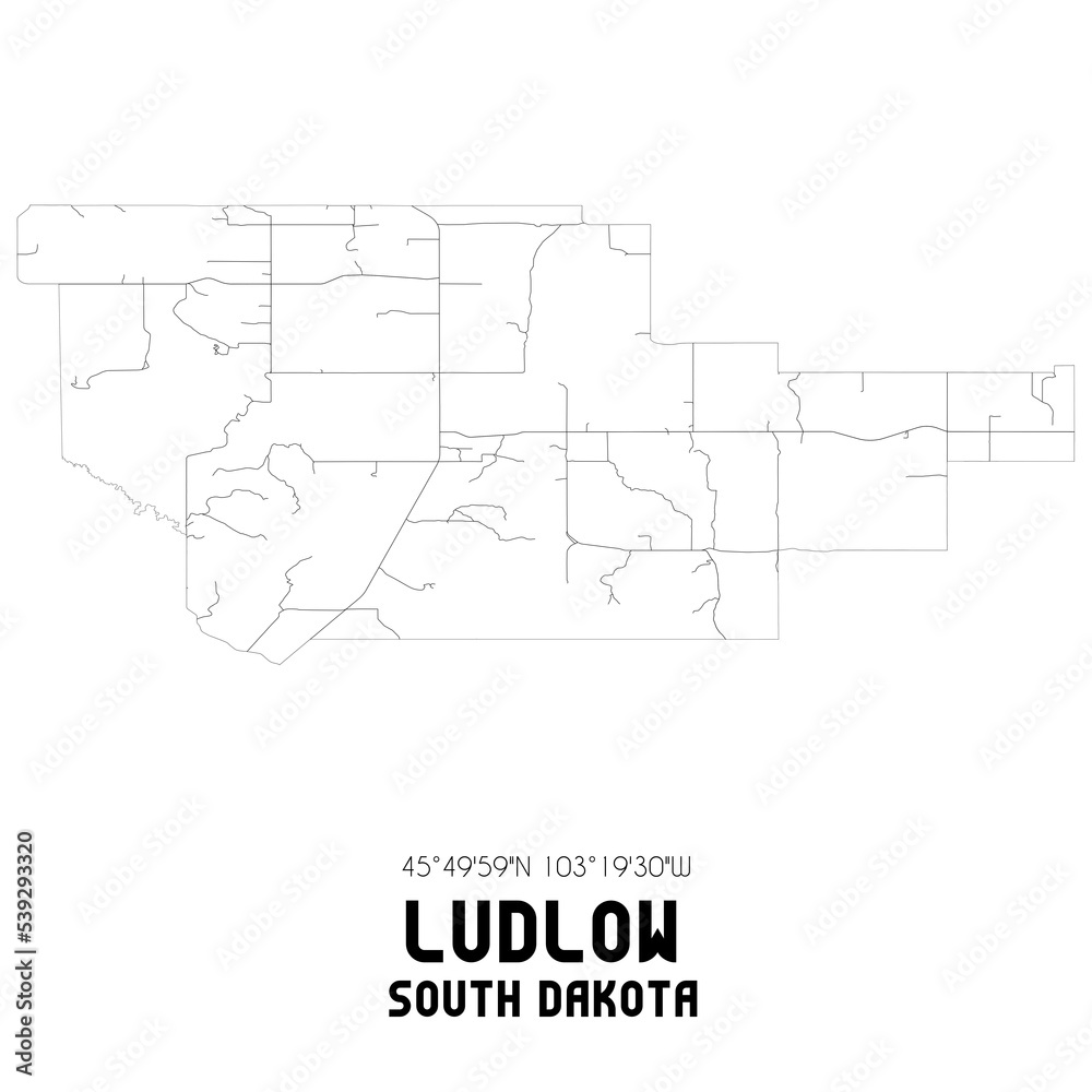 Ludlow South Dakota. US street map with black and white lines.