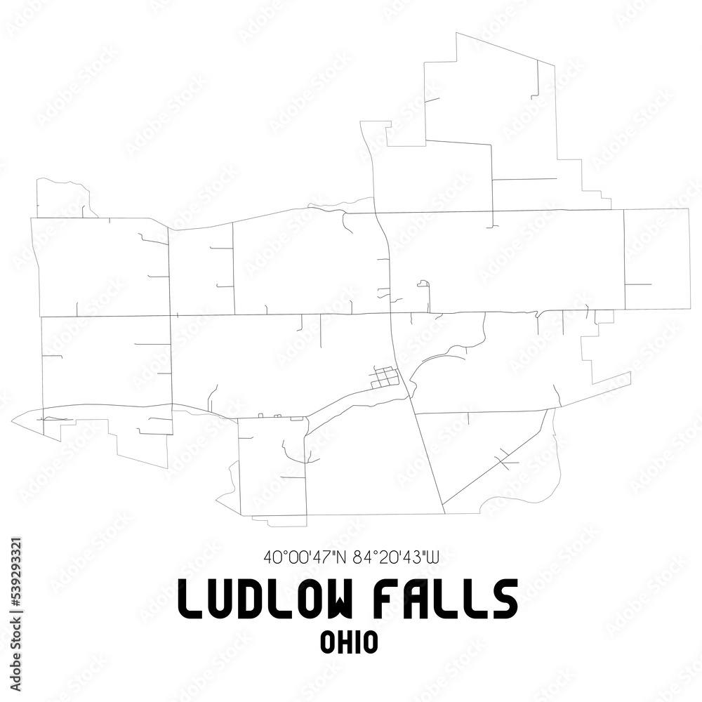 Ludlow Falls Ohio. US street map with black and white lines.