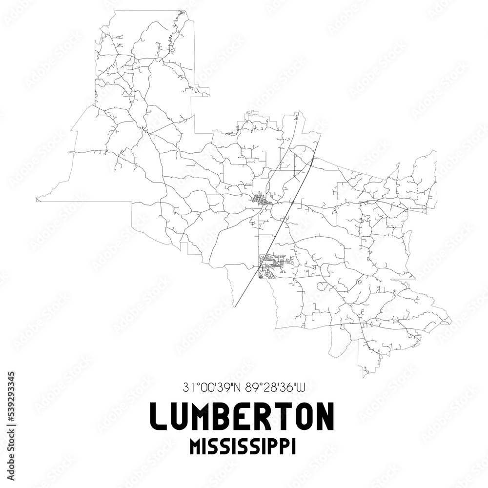 Lumberton Mississippi. US street map with black and white lines.