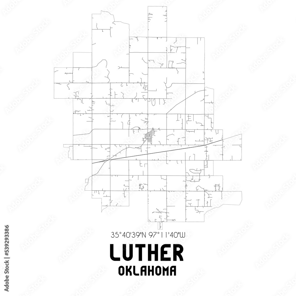 Luther Oklahoma. US street map with black and white lines.